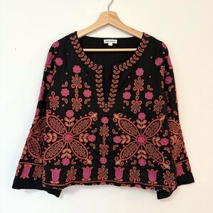 Roller Rabbit Black Pink Embroidered Boho Blouse Top Small